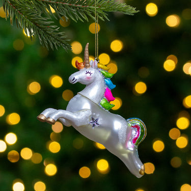 Glittery Rainbow Unicorn Glass Christmas Ornament 4.5